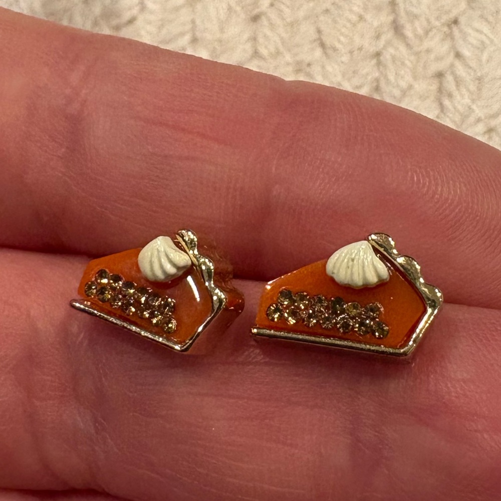 Rhinestone Pumpkin Pie Slice Stud Earrings - Picture 2 of 6